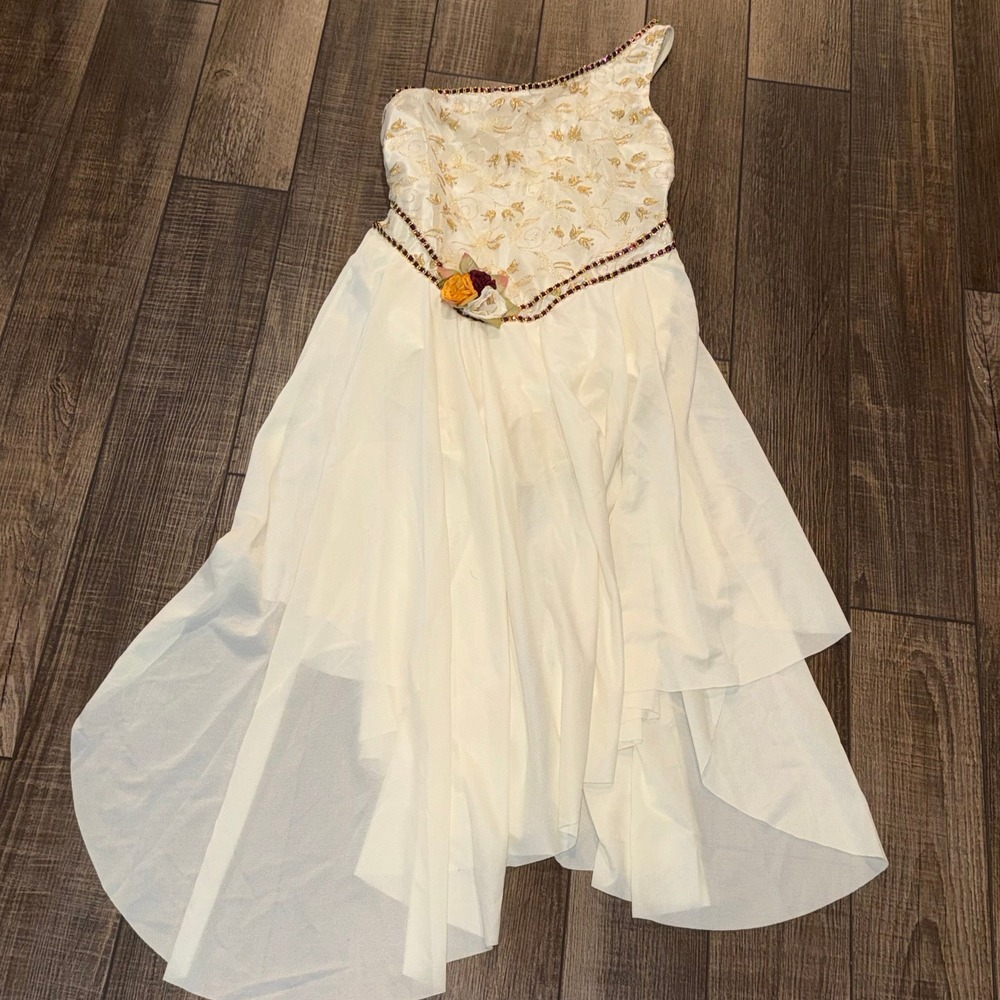 White Gold One Shoulder Lyrical Dance Dress Rhinestone Floral Handkerchief Large